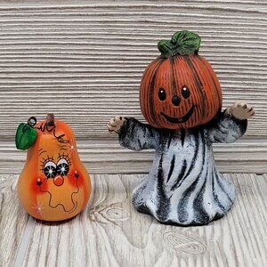 Hand Painted Halloween Pumpkin Jack O Lantern Head Ghost Squash Figurine Knick‎